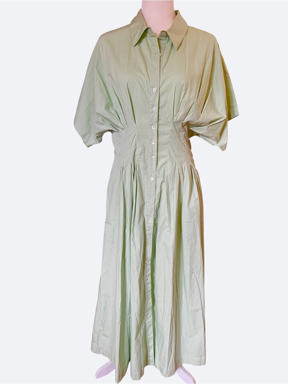 Meadow Rhodes Cotton Dolman Button-Up Midi Shirt Dress with Pockets Soft Green